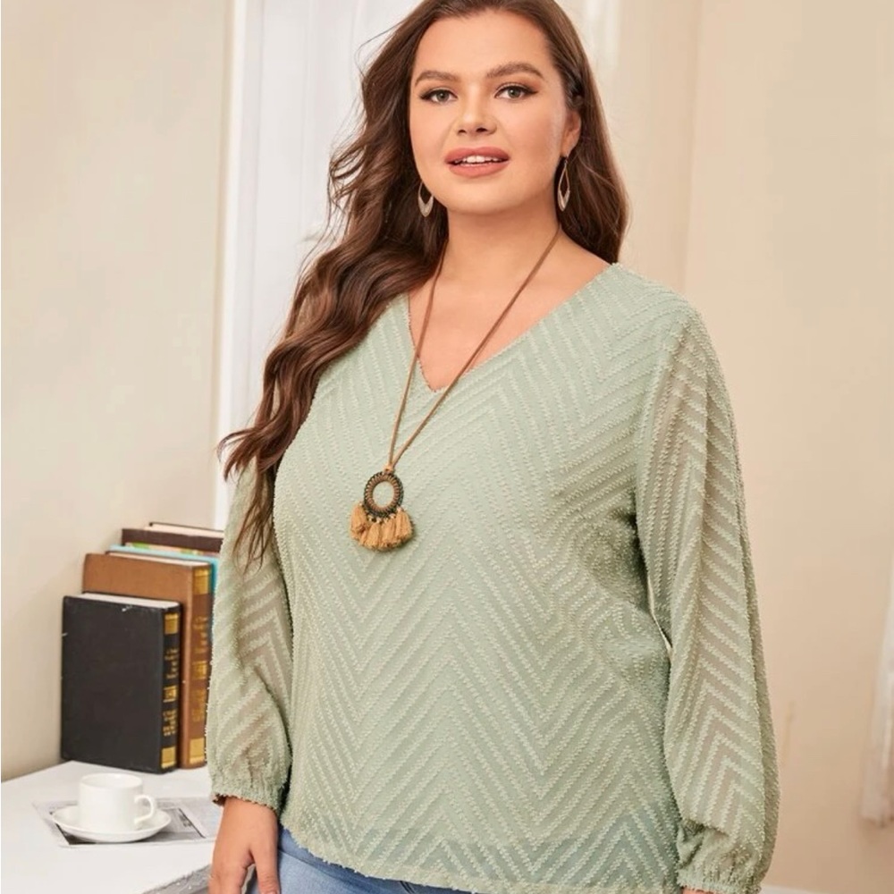 SHEIN Emery Rose Plus Chevron Textured Lantern Sleeve Green Blouse